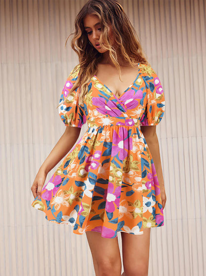 New V-neck printed beach skirt lantern sleeve short dress