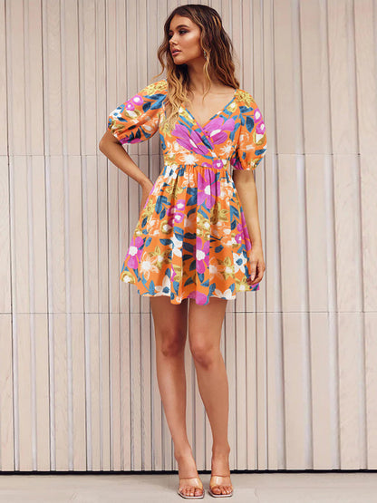 New V-neck printed beach skirt lantern sleeve short dress