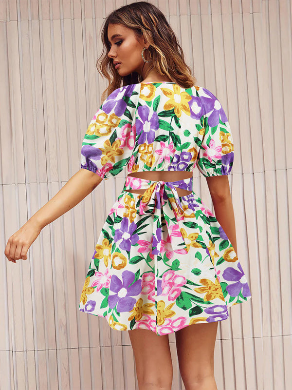 New V-neck printed beach skirt lantern sleeve short dress