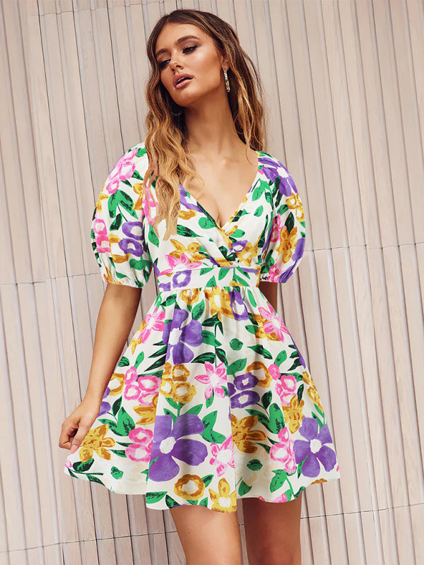 New V-neck printed beach skirt lantern sleeve short dress