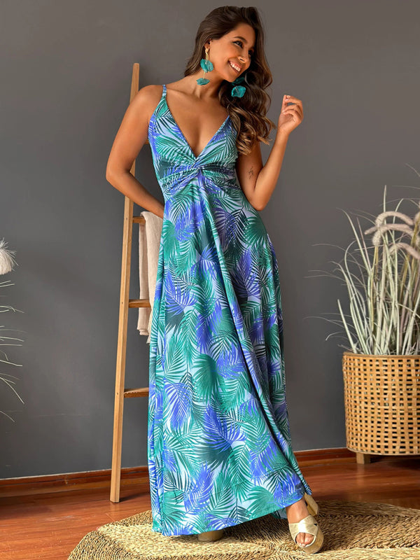 New style suspender v-neck printed elegant A-line long dress