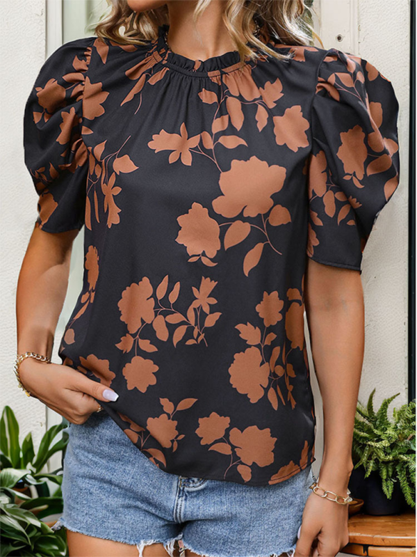 New printed round neck, horseshoe sleeves and elegant shirt