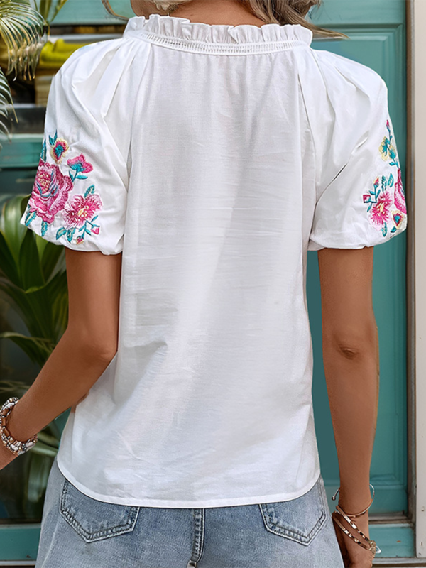 New raglan sleeve embroidered white shirt
