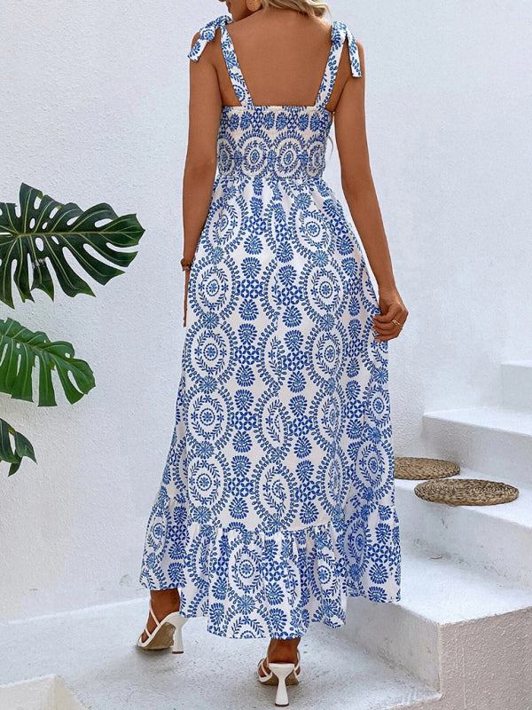 Damen neues Sommerkleid mit modischem Trägermuster, ärmellos, Schlitz, langes Kleid 