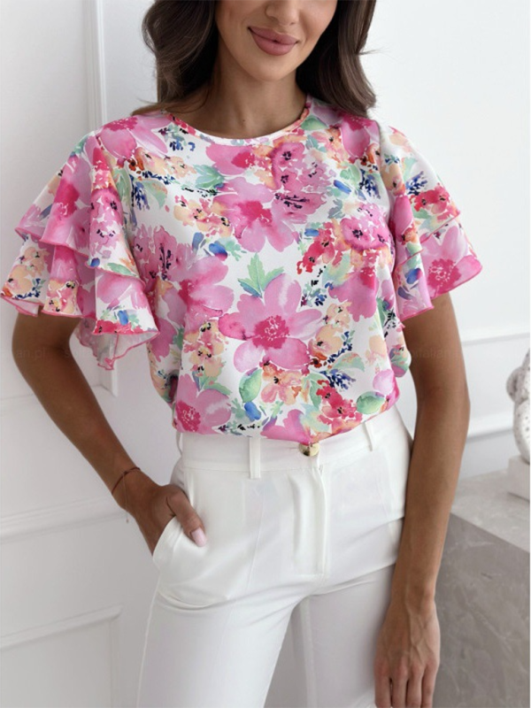 Summer printed ruffle sleeves, round neck, simple short-sleeved tops