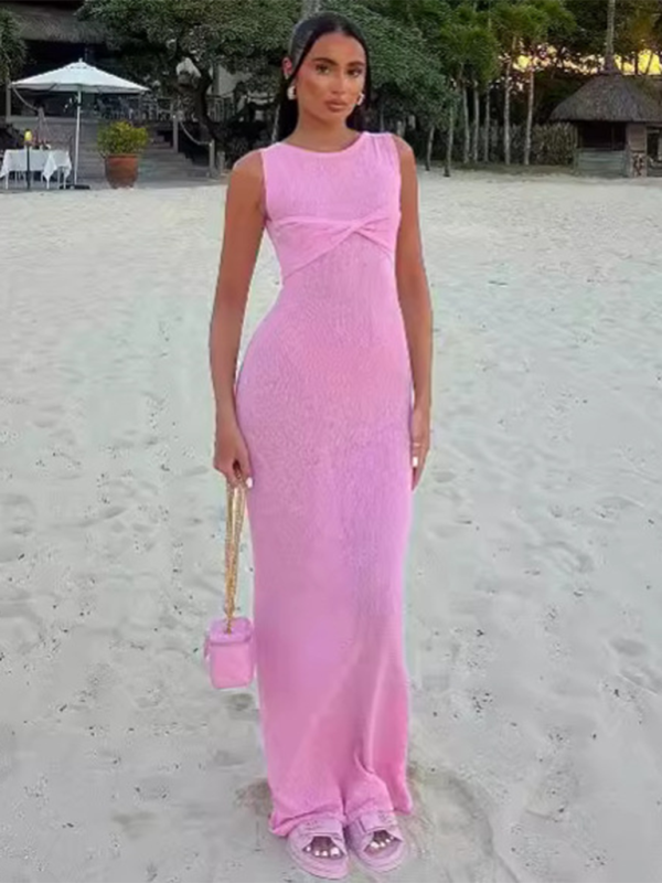 Ärmelloses, enges, einfarbiges, gestricktes Strandkleid mit Rundhalsausschnitt 