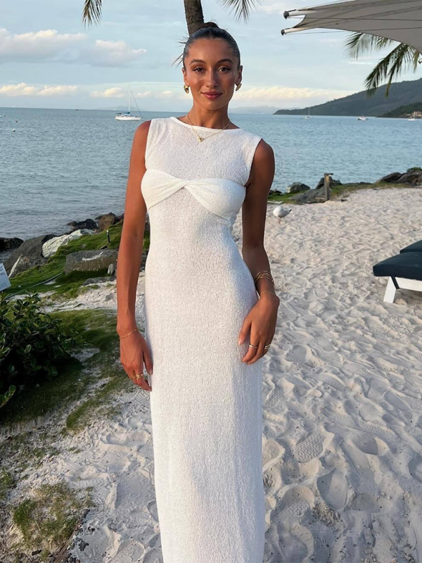 Ärmelloses, enges, einfarbiges, gestricktes Strandkleid mit Rundhalsausschnitt 