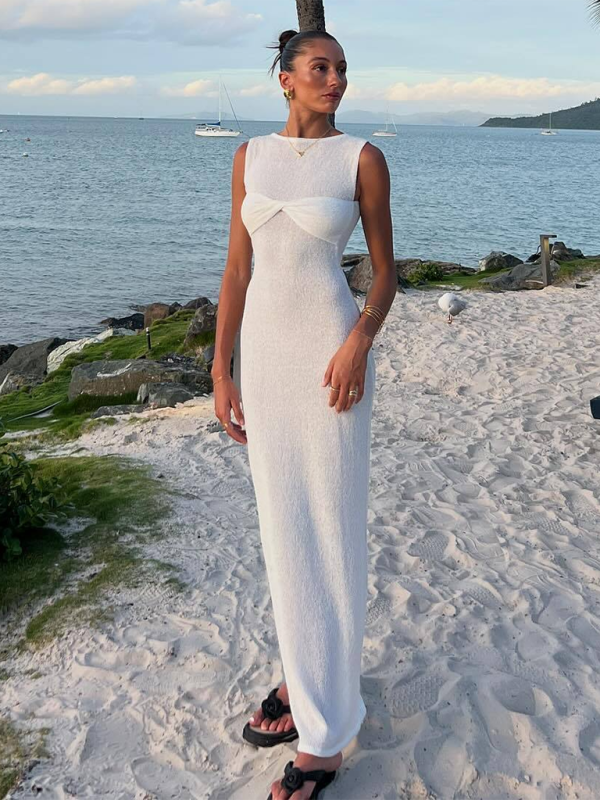 Ärmelloses, enges, einfarbiges, gestricktes Strandkleid mit Rundhalsausschnitt 