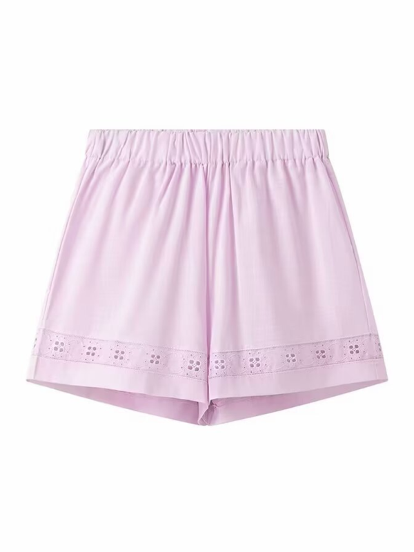 Damen Set aus kurzärmligem Top und Shorts mit Riemchen und Hohlsaum 