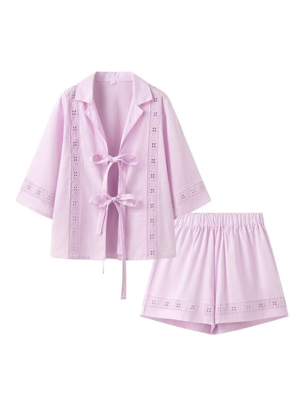 Damen Set aus kurzärmligem Top und Shorts mit Riemchen und Hohlsaum 