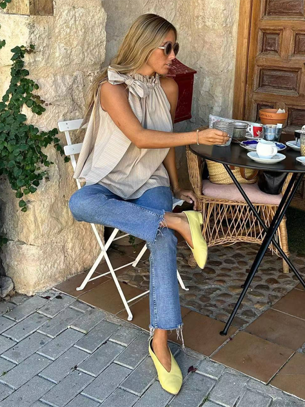 Neues lässiges, lockeres, ärmelloses, gestreiftes Oberteil mit Rüschenkragen für Damen