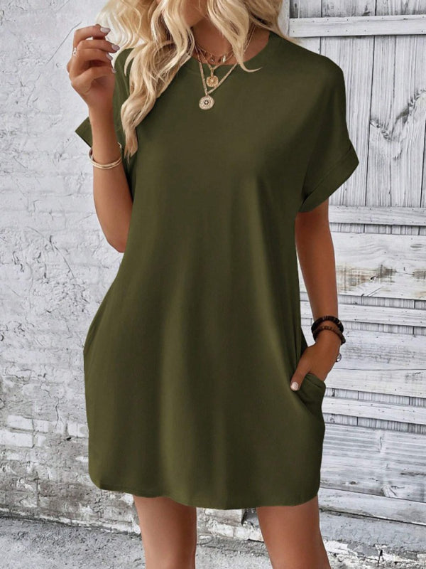 New spring and summer solid color round neck loose short sleeve pocket dress