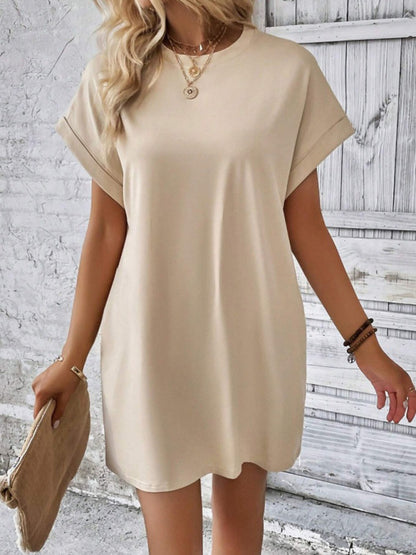 New spring and summer solid color round neck loose short sleeve pocket dress