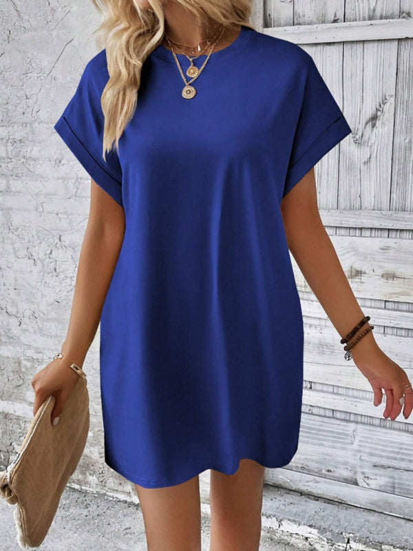 New spring and summer solid color round neck loose short sleeve pocket dress