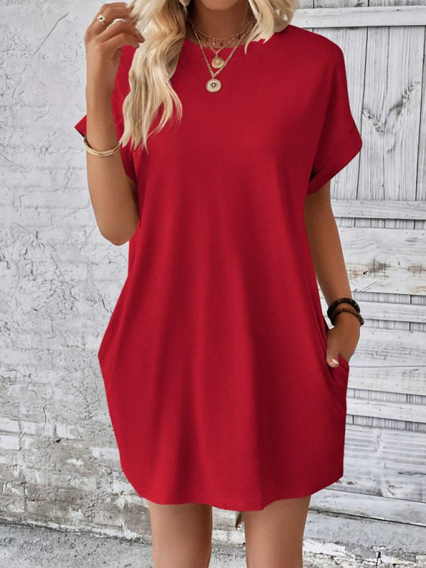 New spring and summer solid color round neck loose short sleeve pocket dress