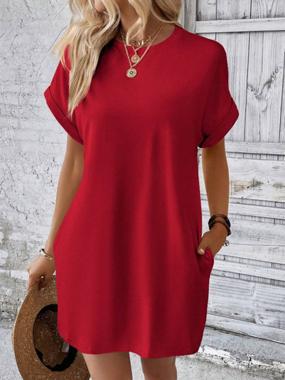 New spring and summer solid color round neck loose short sleeve pocket dress