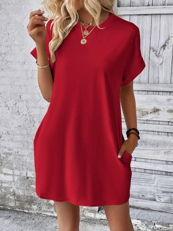 New spring and summer solid color round neck loose short sleeve pocket dress