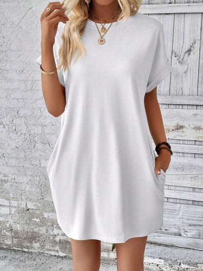 New spring and summer solid color round neck loose short sleeve pocket dress