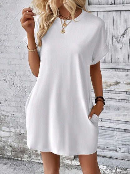 New spring and summer solid color round neck loose short sleeve pocket dress