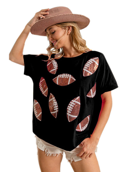 Casual Summer Sequined Rugby Round Neck Pullover T-Shirt Short Sleeve Top