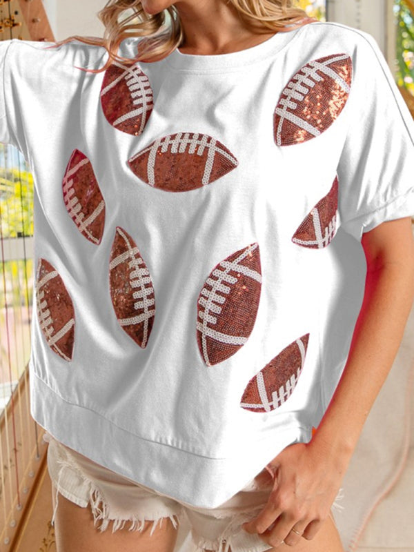 Casual Summer Sequined Rugby Round Neck Pullover T-Shirt Short Sleeve Top