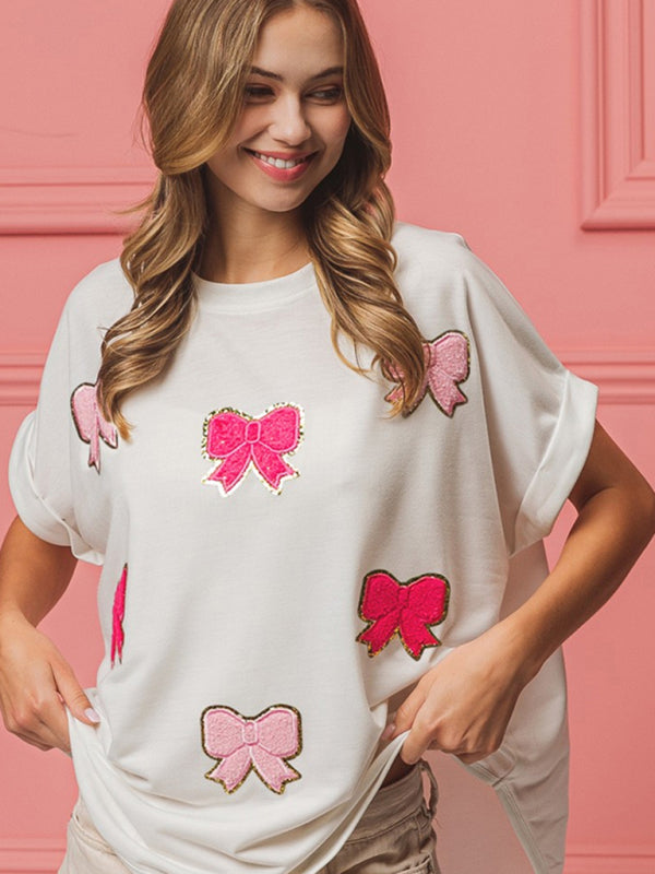 New short-sleeved bow sequin embroidered top