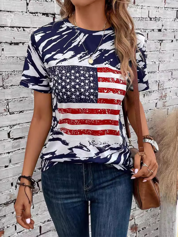 Neues Damen-T-Shirt mit Rundhalsausschnitt und Flaggenaufdruck zum amerikanischen Unabhängigkeitstag, kurzärmelig 