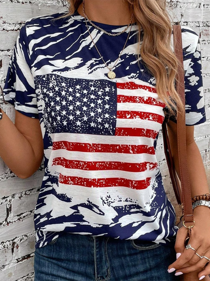 Neues Damen-T-Shirt mit Rundhalsausschnitt und Flaggenaufdruck zum amerikanischen Unabhängigkeitstag, kurzärmelig 