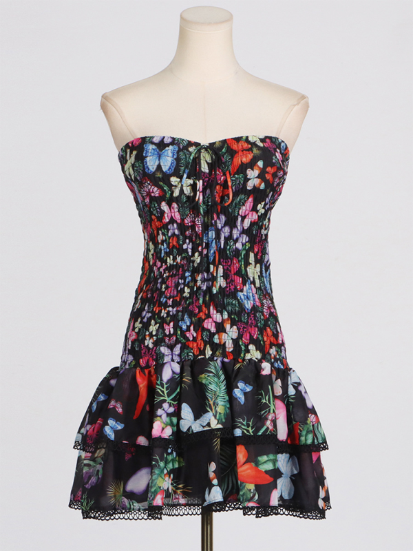 New tube top design ultra short ruffle floral dress