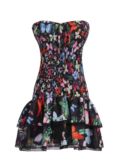 New tube top design ultra short ruffle floral dress