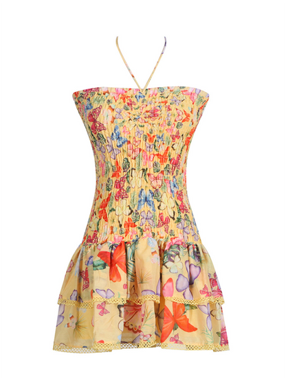 New tube top design ultra short ruffle floral dress