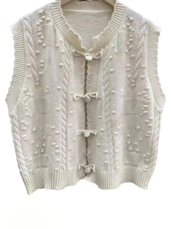 Three-dimensional buckle design lace collar knitted vest loose soft waxy layered top vest