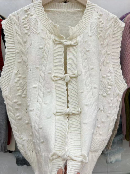 Three-dimensional buckle design lace collar knitted vest loose soft waxy layered top vest