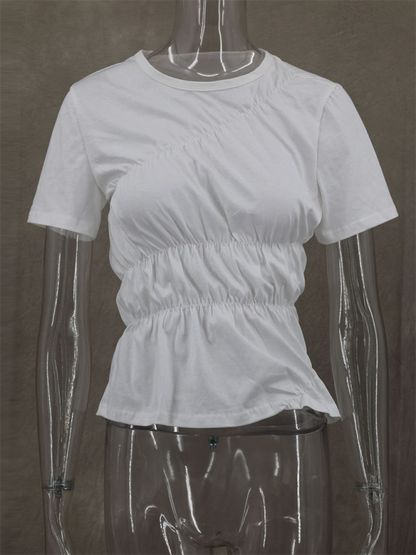 New casual solid color round neck elastic pleated top