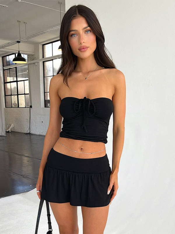 Sexy gesmoktes Kordel-Tube-Top für Damen mit weit schwingender A-Linien-Hose und Rock-Set 