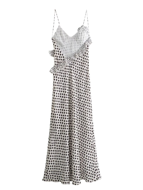 New polka dot print V-neck floral embellished suspender midi dress