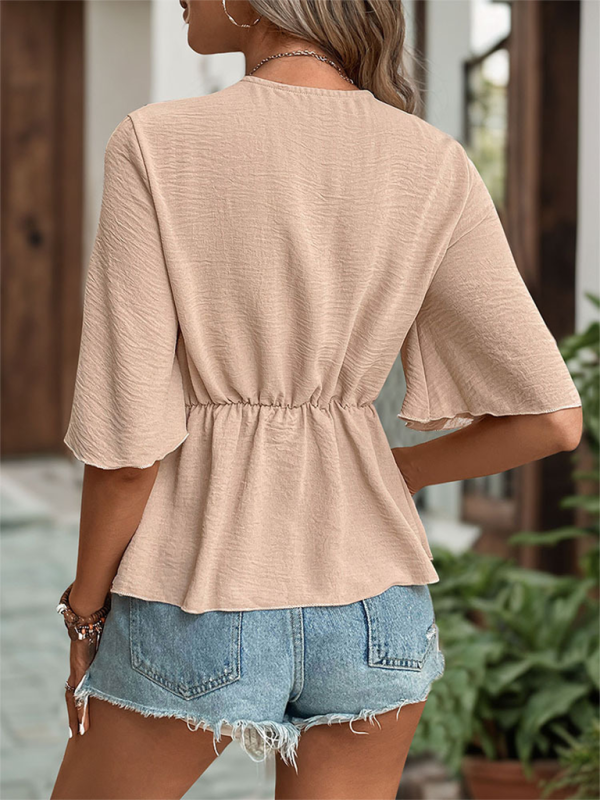 Ladies new style wrapped V-neck solid color shirt