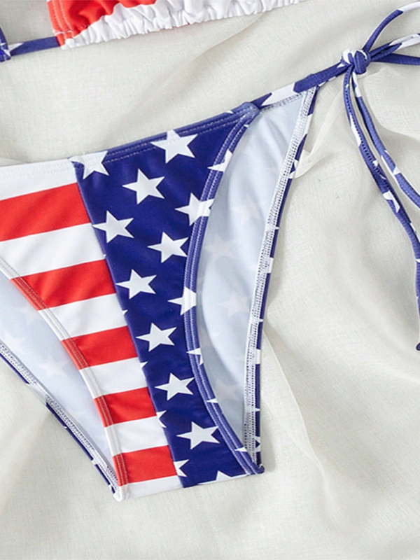 Lace-up swimsuit for women Independence Day flag print beach bikini
