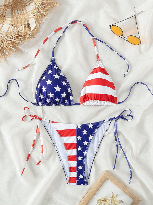 Lace-up swimsuit for women Independence Day flag print beach bikini