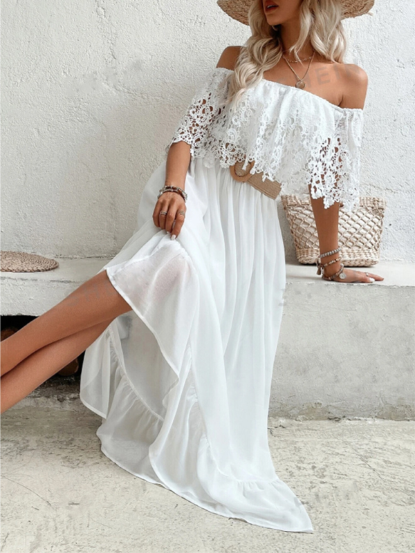 Off-the-shoulder guipure lace paneled ruffle hem dress