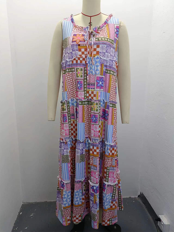 Ladies new printed round neck long dress