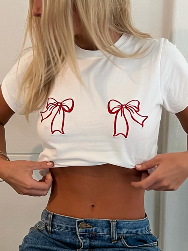 Red bow embroidered crew neck short gyaru top