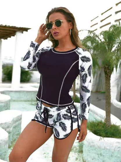 Diving surfing suit long sleeve fashion sunscreen printed split swimsuit women&