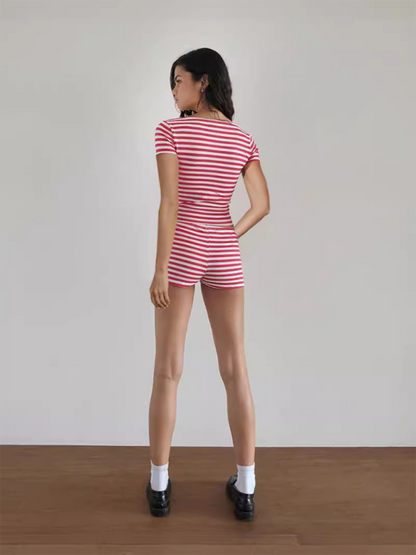 New Striped Slim Fit Short Sleeve Shorts Suit