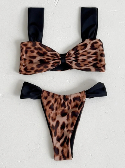 Leopard print bikini push-up split color-blocked tube top women&