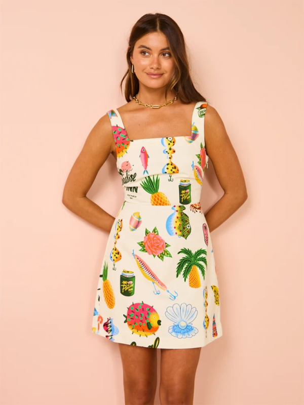 Lässiges, modisches, bedrucktes, ärmelloses Kleid mit Weste und Schnürung