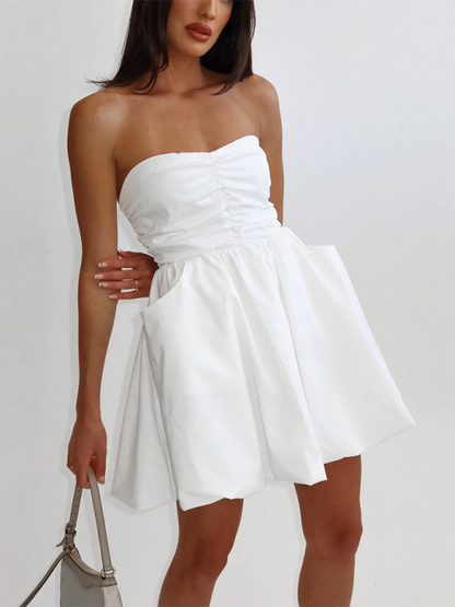 Sexy tube top dress for women with waist-hugging temperament white dress A-line puffy skirt