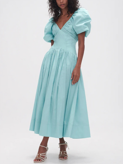 French elegant style V-neck puff sleeve long dress with pleated waist