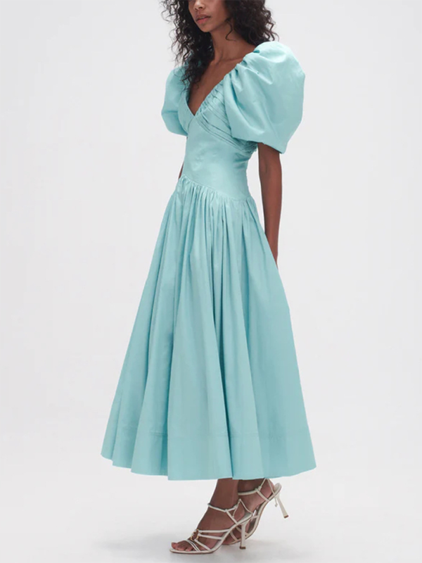 French elegant style V-neck puff sleeve long dress with pleated waist