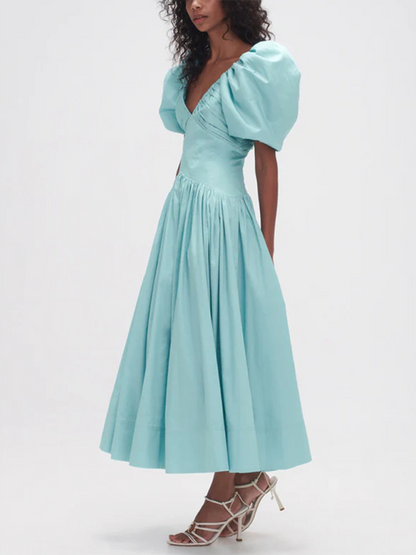 French elegant style V-neck puff sleeve long dress with pleated waist